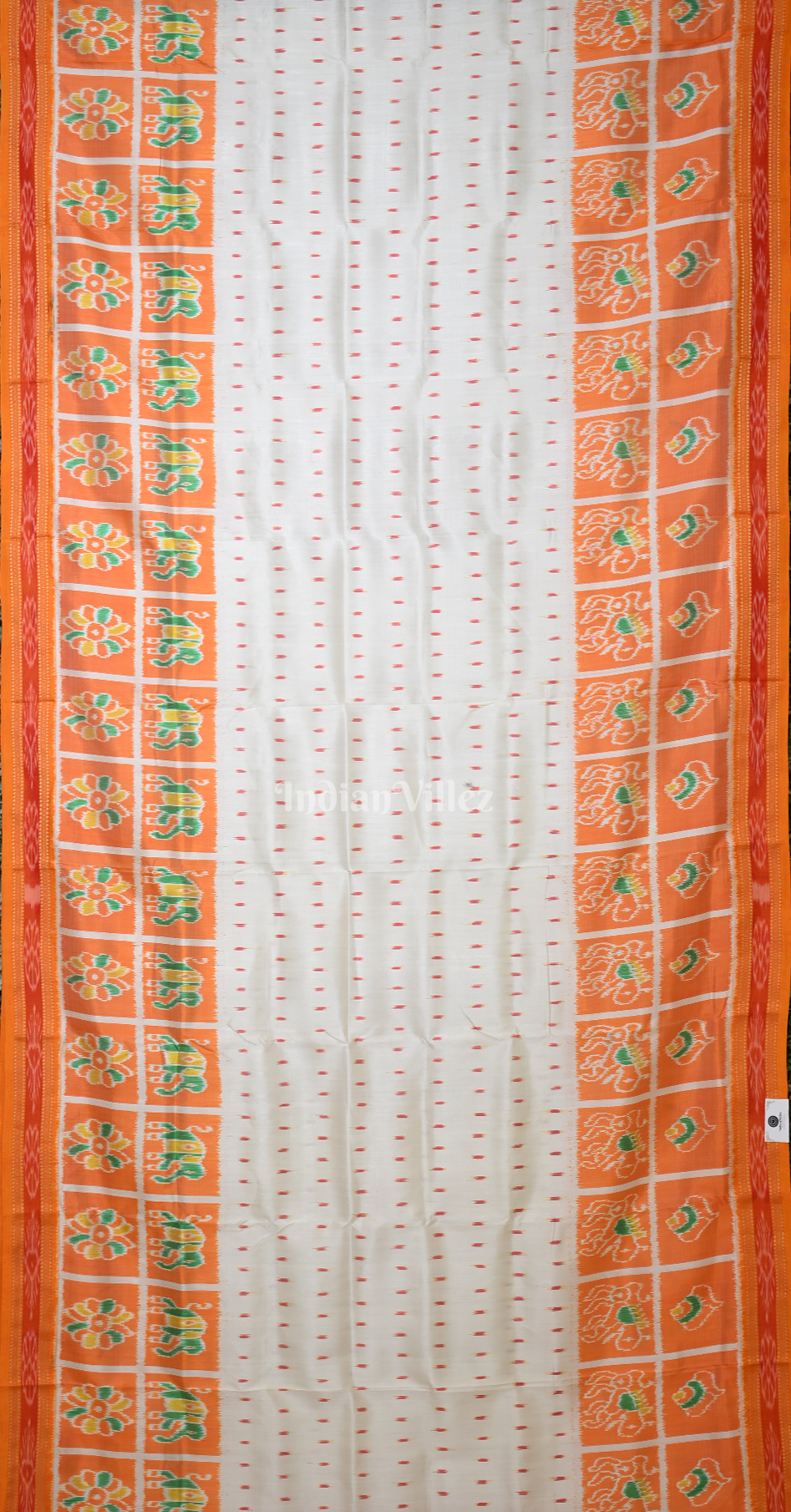 White Yellow Dot Half Odisha Ikat Khandua Silk Saree with Elephant Anchal