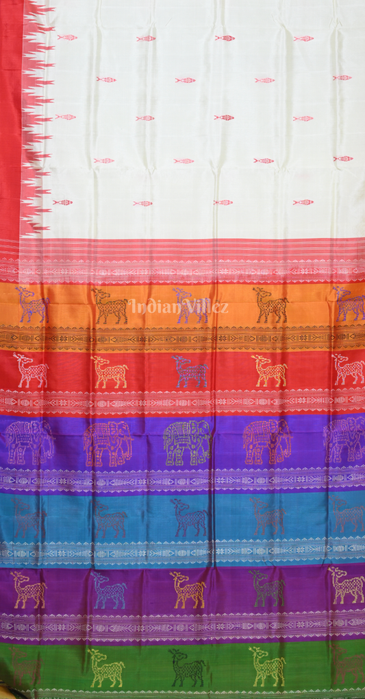White Red Fish Motif Double Pallu Berhampuri Silk Saree 