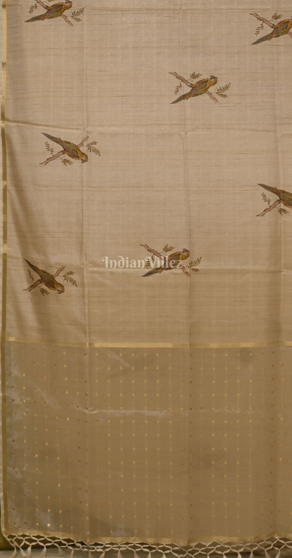 Beige Green Bird Motif Tusasr Silk Saree