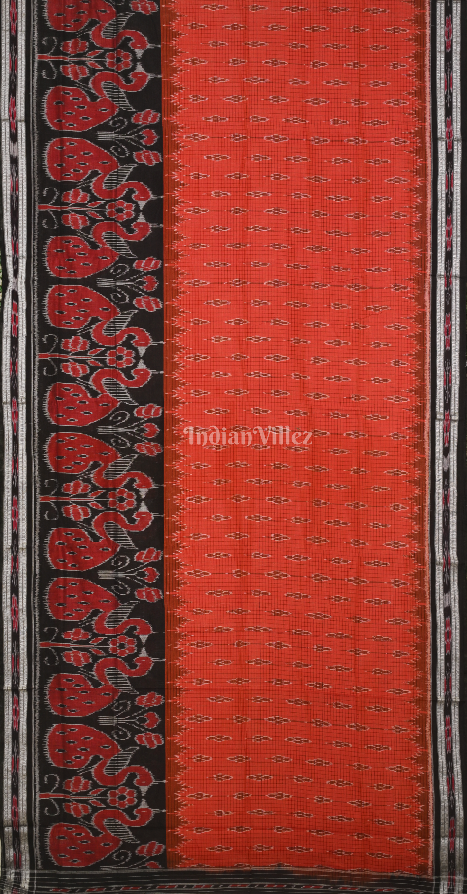 Red Black Check Peacock Scott Odisha Ikat Sambalpuri Cotton Saree 