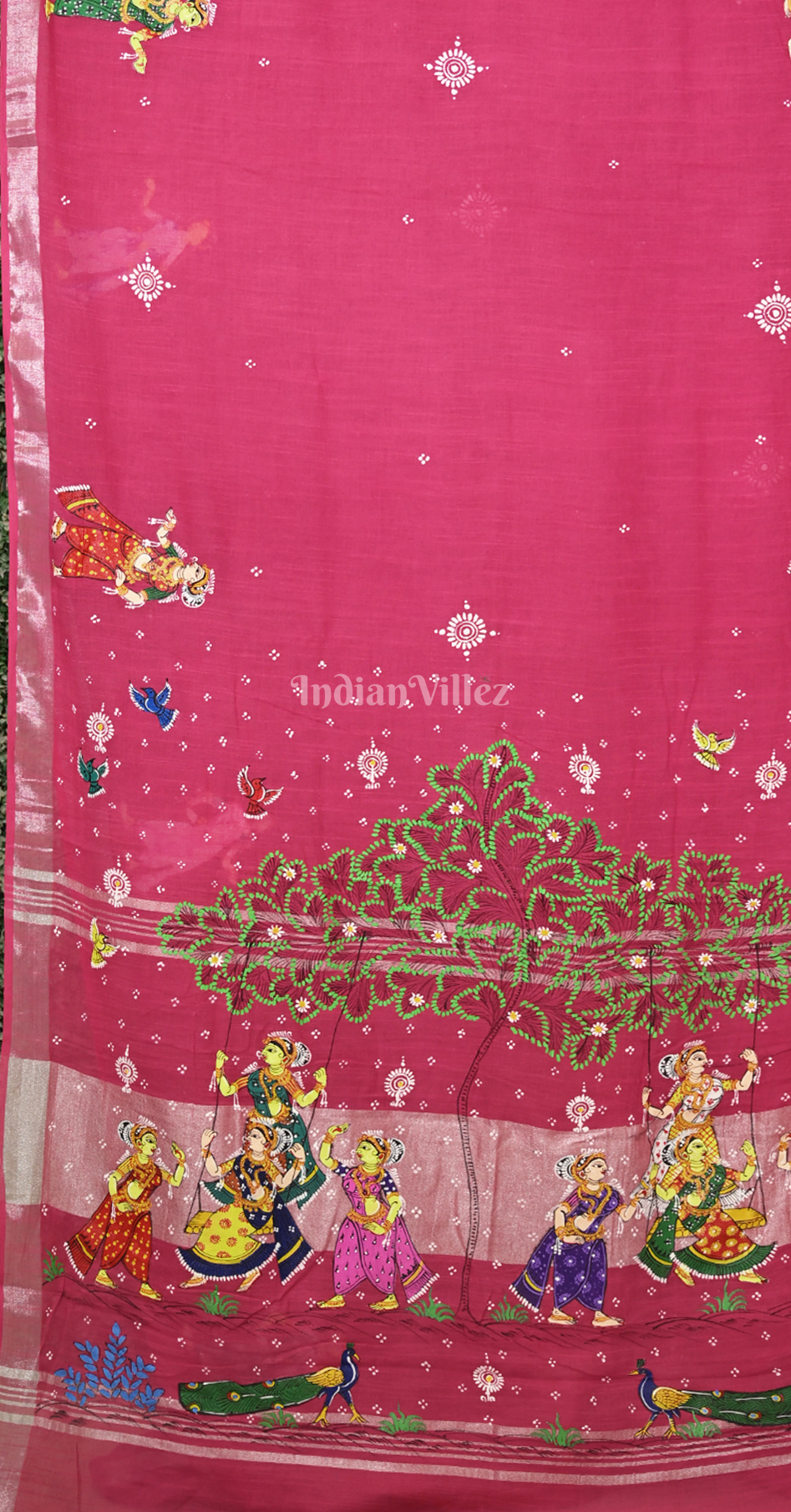 Rani Pink Raja Doli Theme Hand-Painted Pattachitra Saree