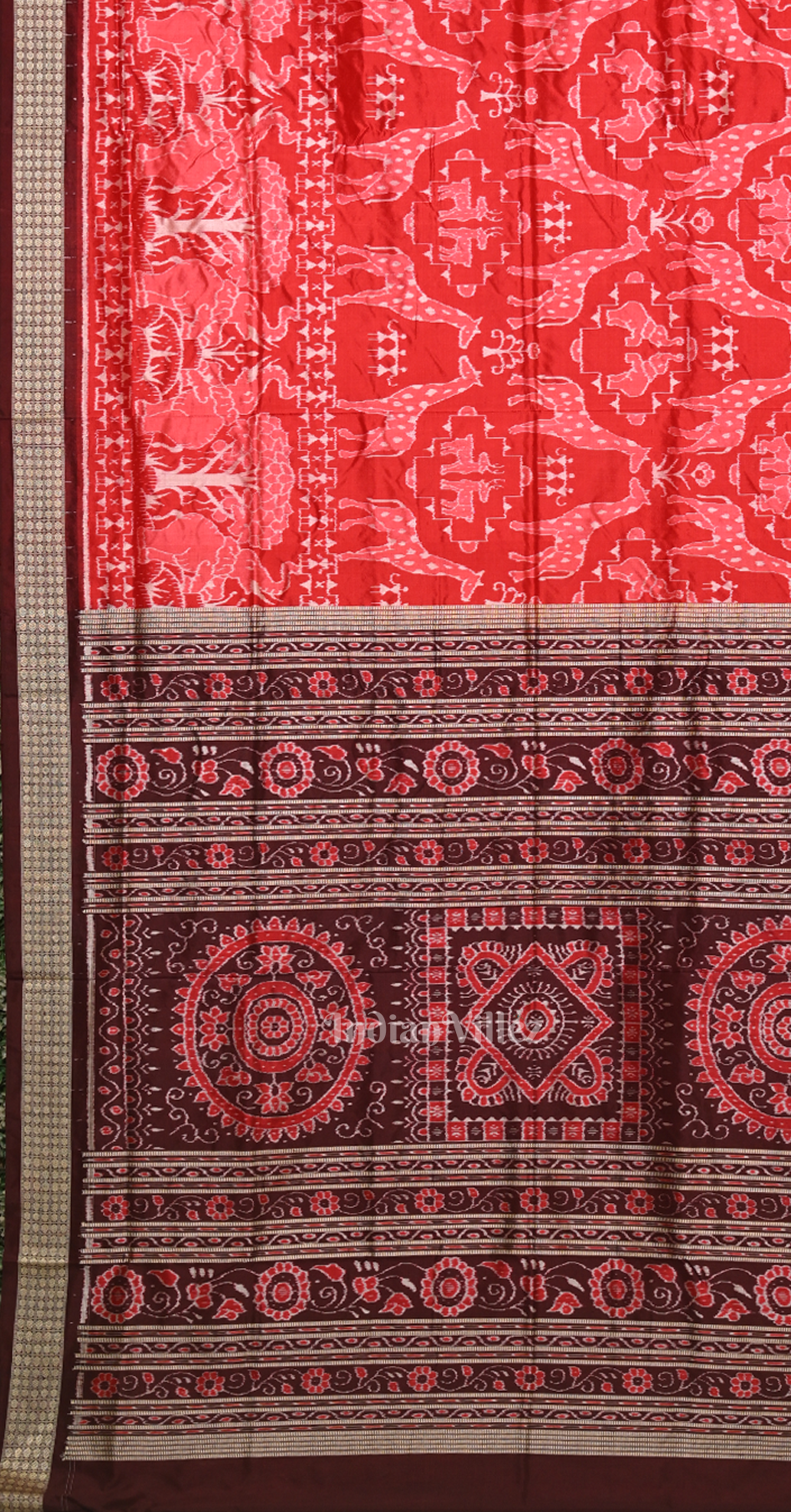 Red Coffee Animal Theme Odisha Ikat Sambalpuri Silk Saree 