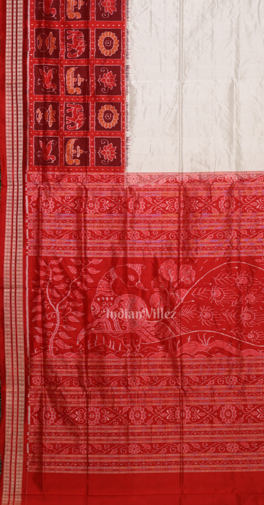 White Red Nabakothi Tissue Sambalpuri Silk Saree with Peacock Anchal