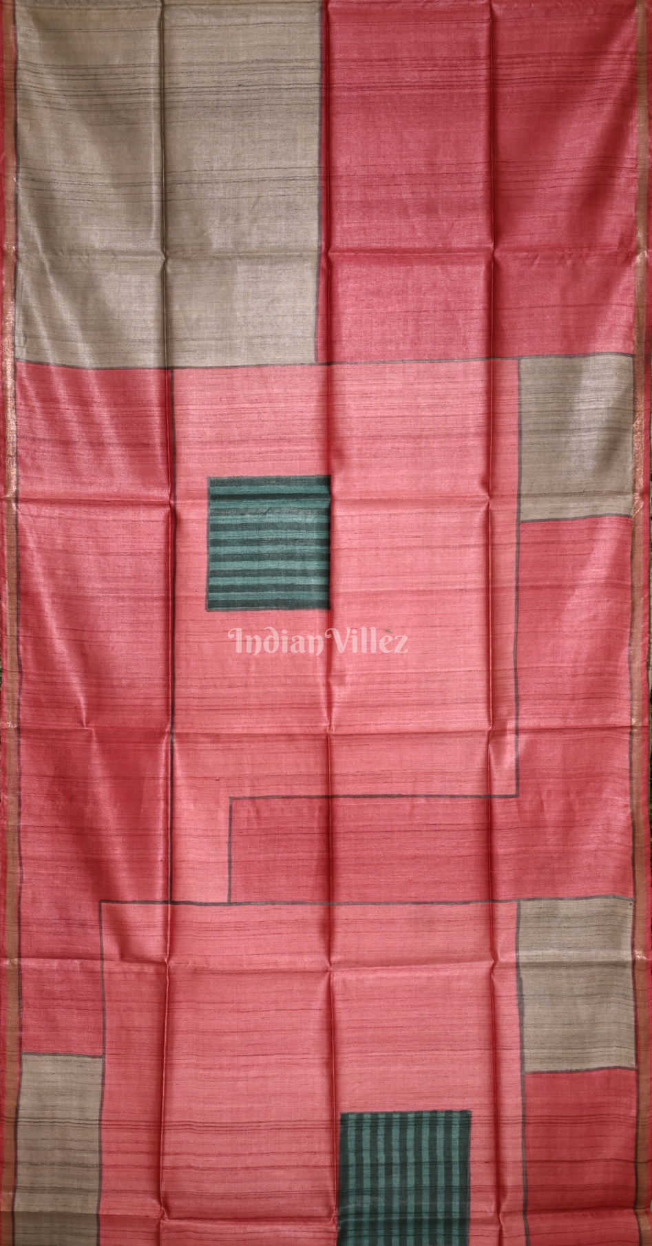 Peach Pink Maroon Tussar Silk Saree 