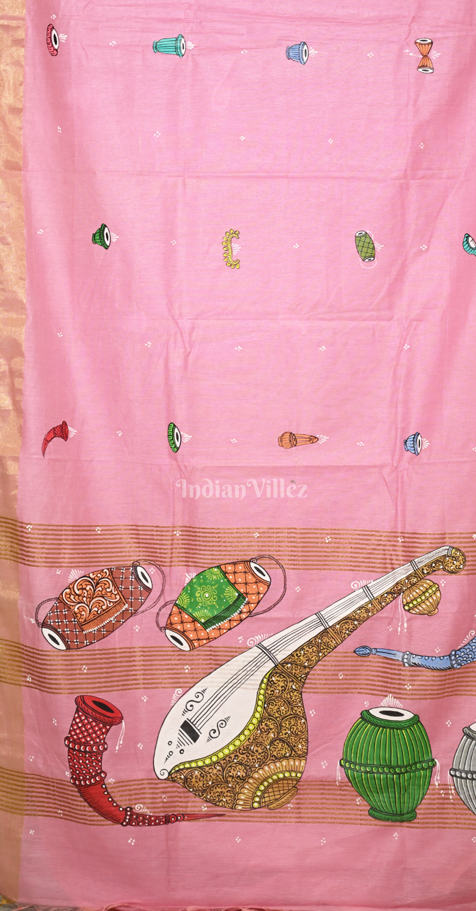 Baby Pink Musical Theme Hand-Painted Pattachitra Saree 