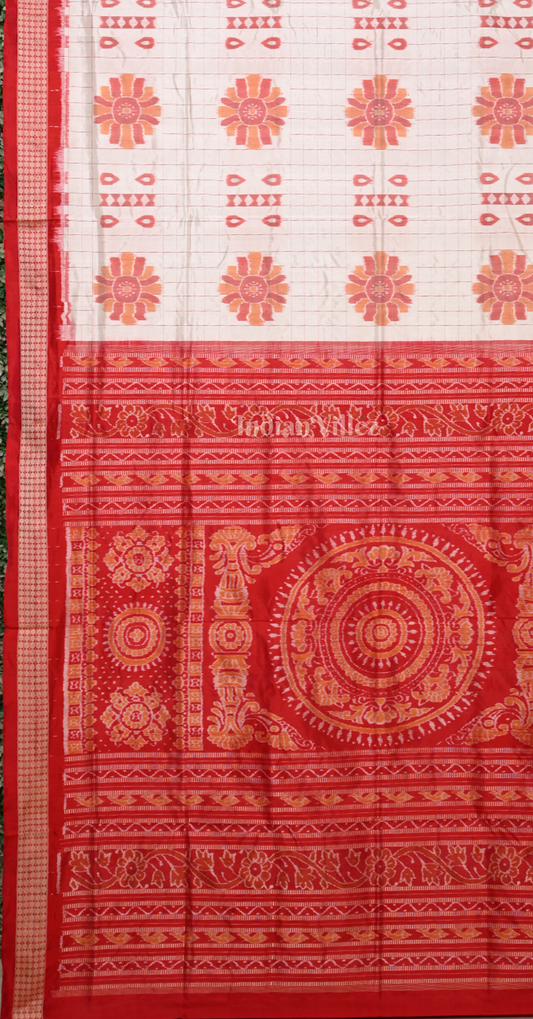 White Red Baghambari  Odisha Ikat Sambalpuri  Silk Saree 