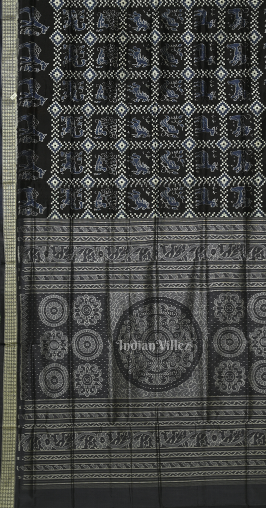 Black White Telia Rumal Odisha Ikat Sambalpuri Silk Saree