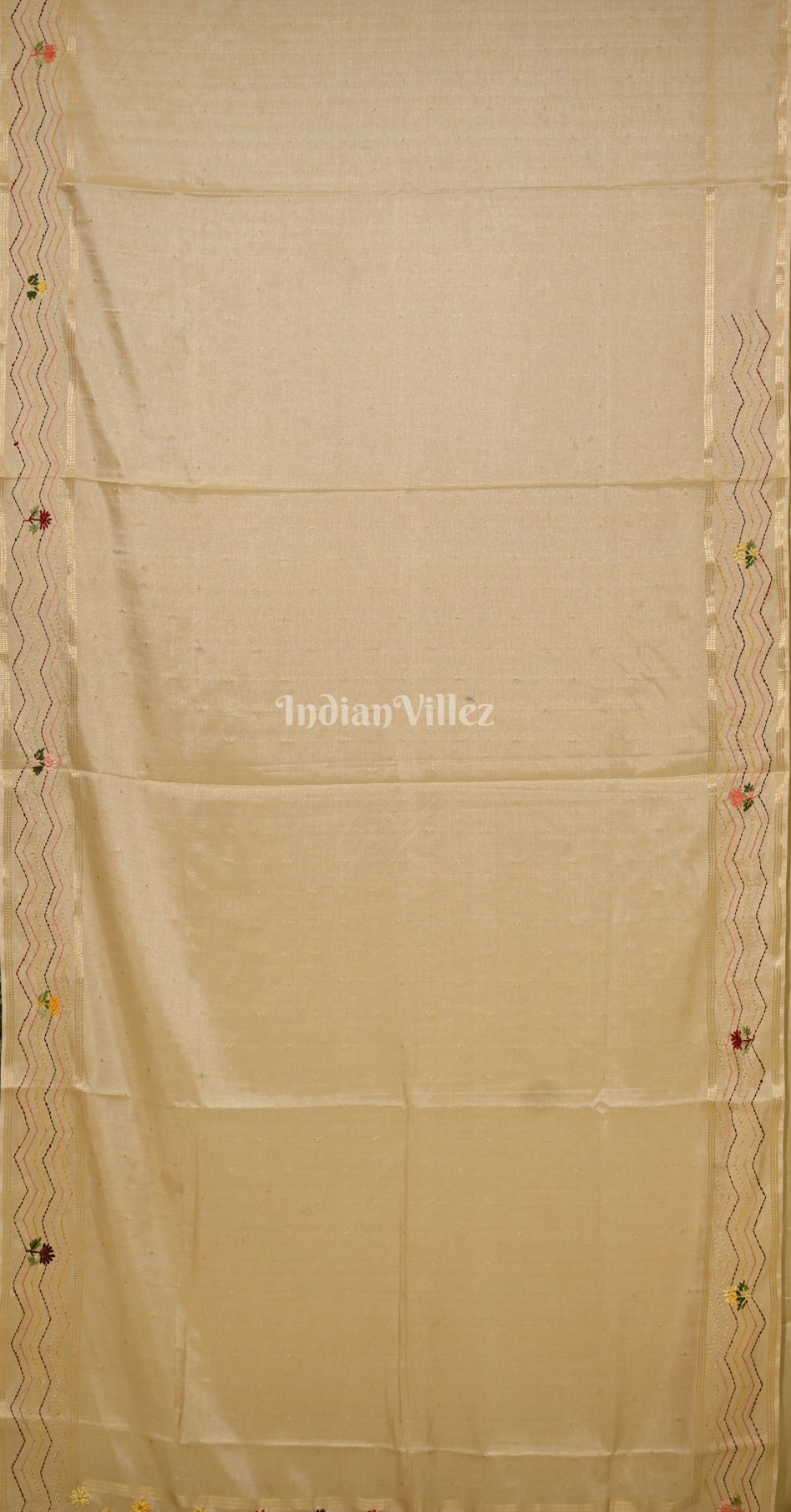 Beige Tusasr Silk Saree with Floral Embroidery Work 