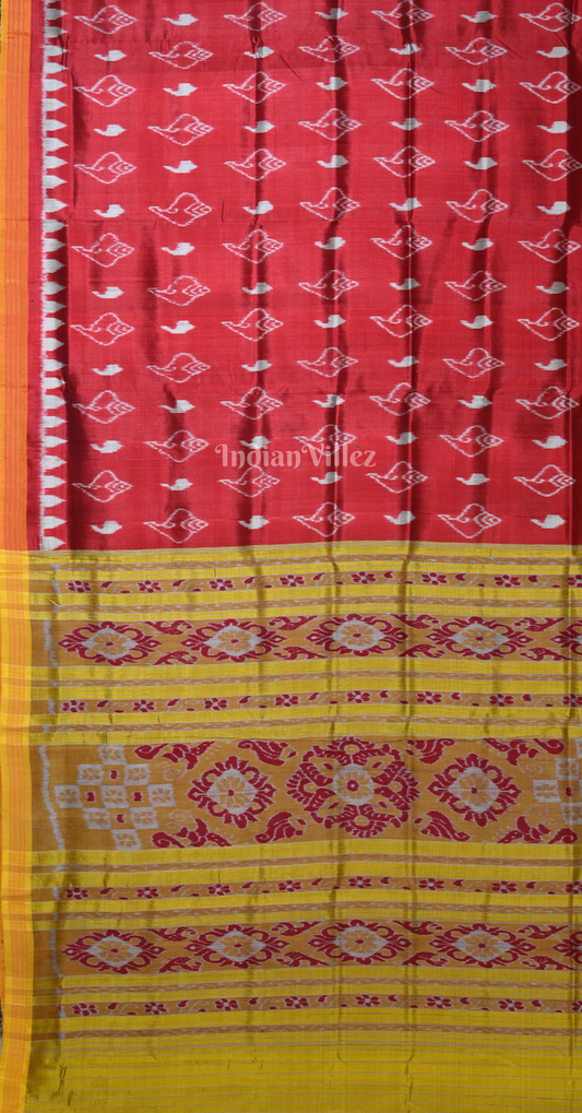 Maroon Yellow Sankha Motif Odisha Ikat Khandua Silk Saree 