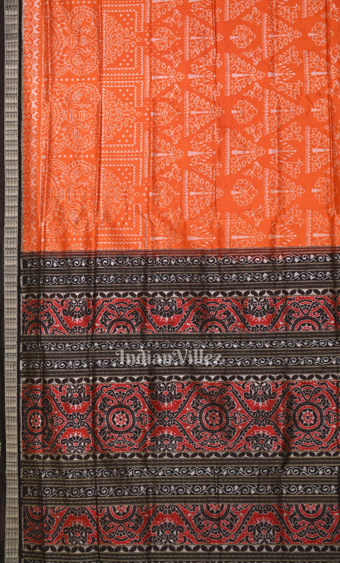 Orange Black Tribal Theme Odisha Ikat Sambalpuri Silk Saree 