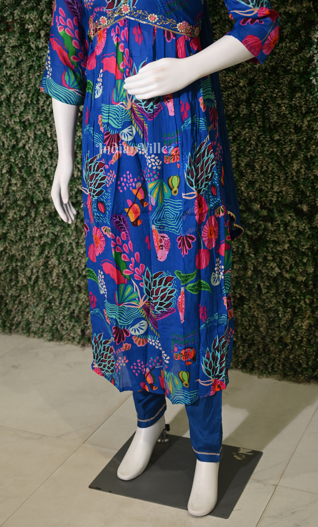 Royal Blue Floral Embroidered Alia Cut Kurta Plazzoo with Dupatta set