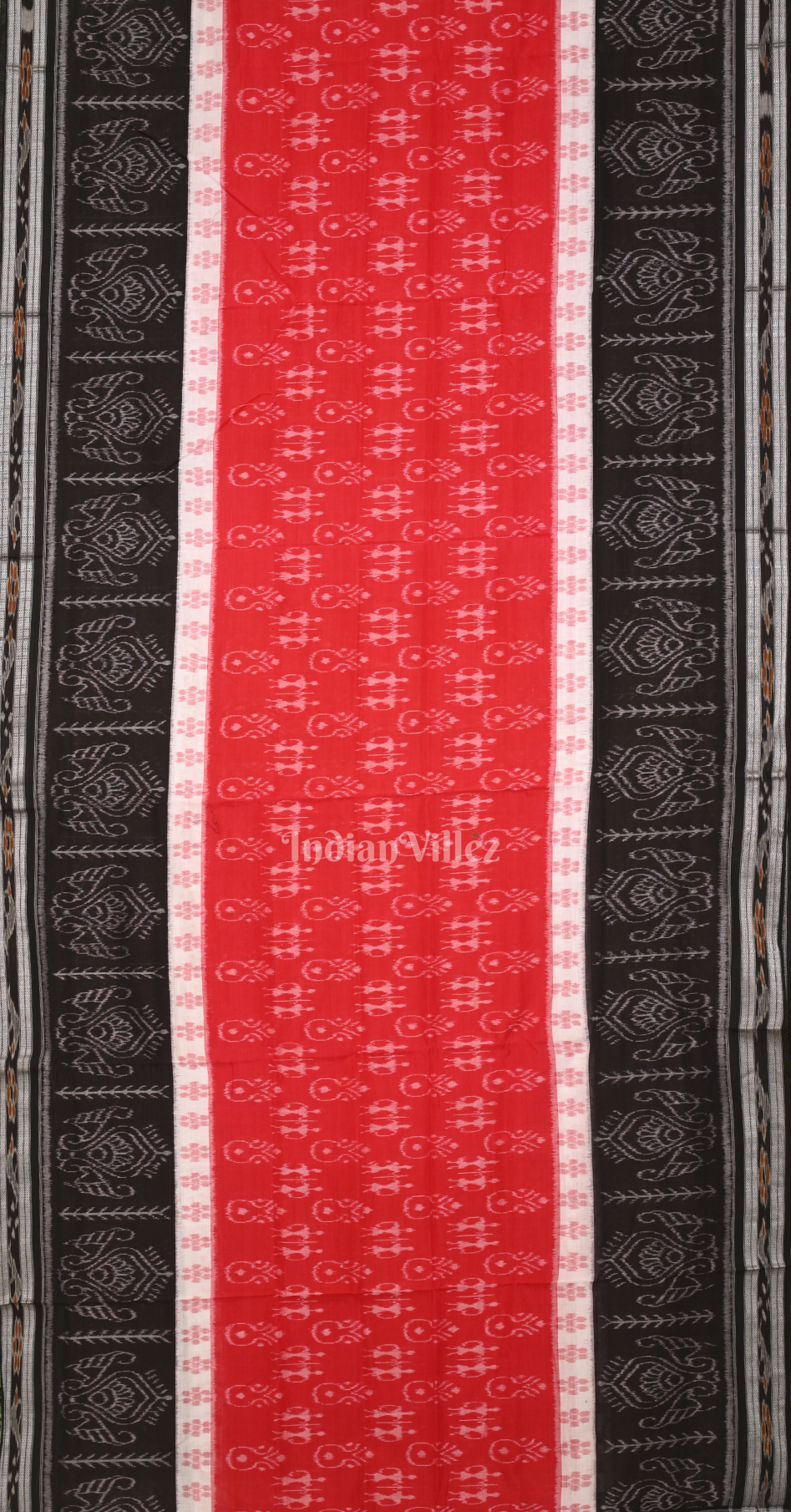 Red Black Tribal Theme Odisha Ikat Sambalpuri Cotton Saree with Pasapali Anchal