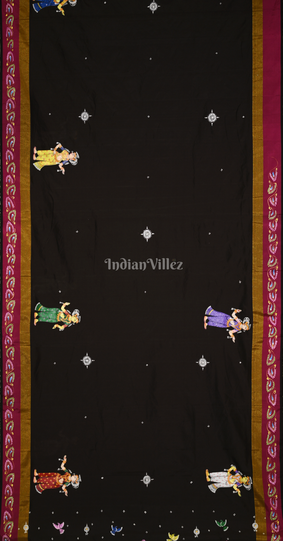 Black Maroon Krishna Radha Doli Theme Hand-Painted Pattachitra Saree 
