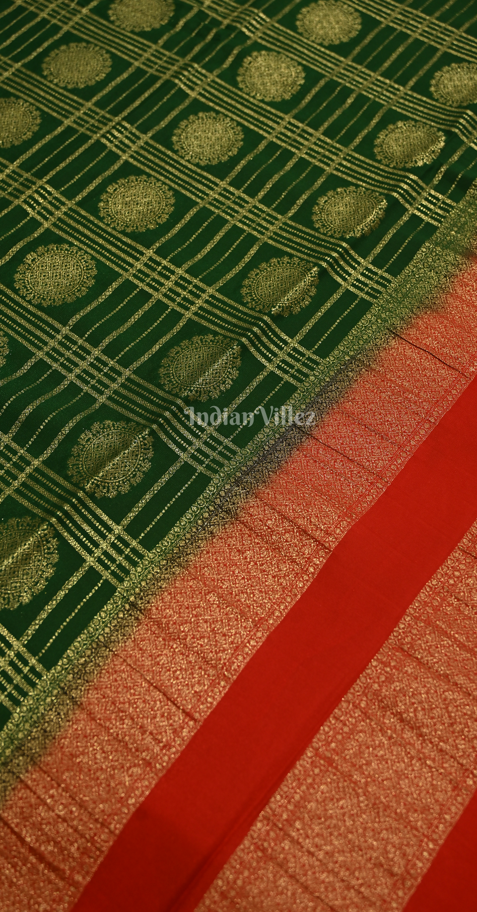 Green Red Checks Buta Pure Crepe Kanjivaram Silk Saree