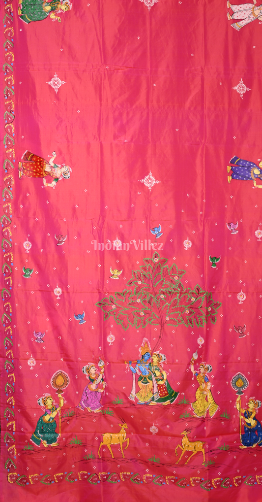 Rani Pink Krishna Raas Leela  Hand-Painted Pattachitra Saree