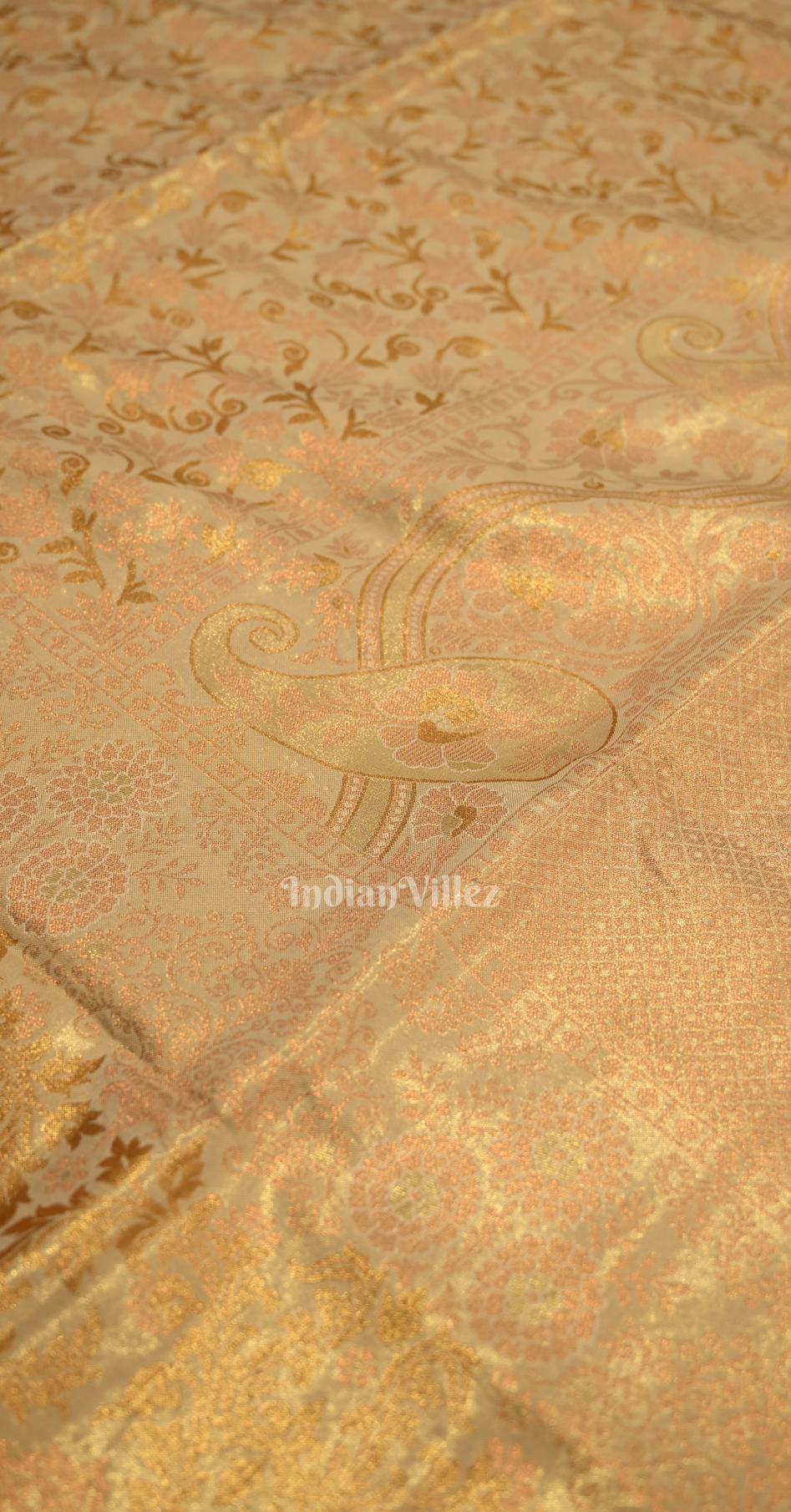 Beige Floral Zari Tissue Kanjivaram Silk Saree