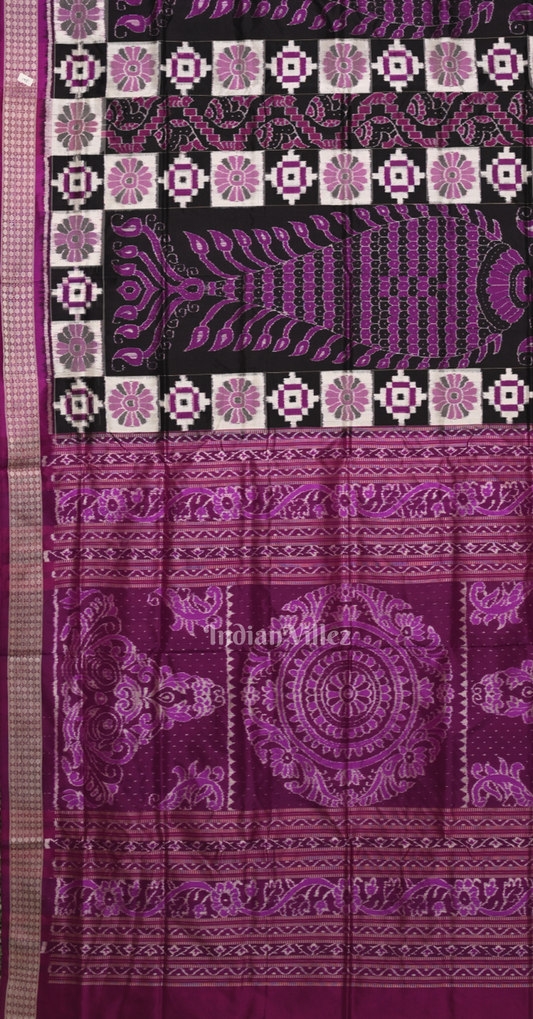 Purple Black Pasapali with Fish Motif Odisha Ikat Sambalpuri Silk Saree 