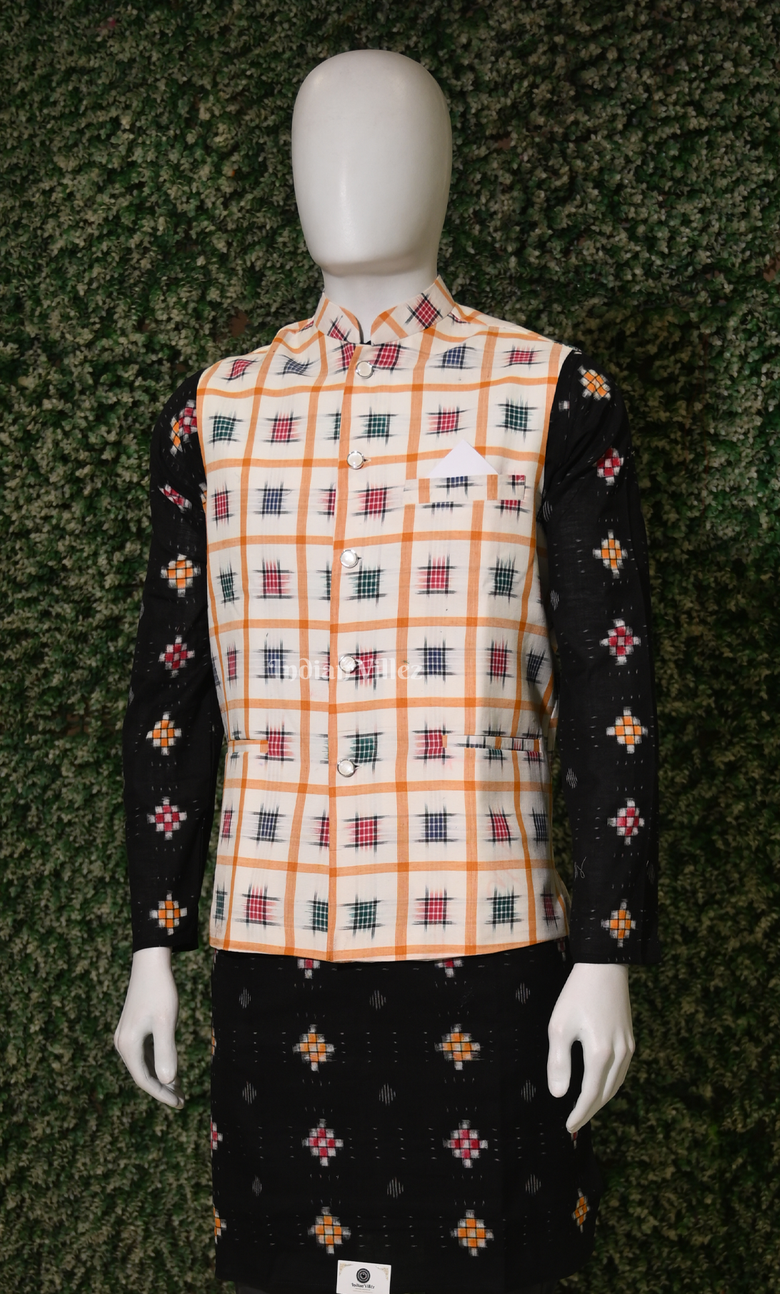 Beige Ashwini Odisha Ikat Half Bandi Jacket for Men