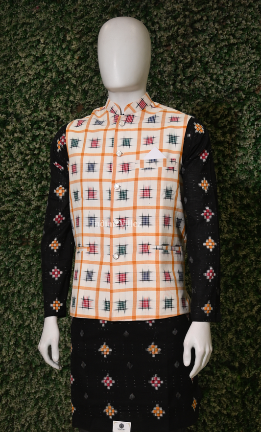 Beige Ashwini Odisha Ikat Half Bandi Jacket for Men