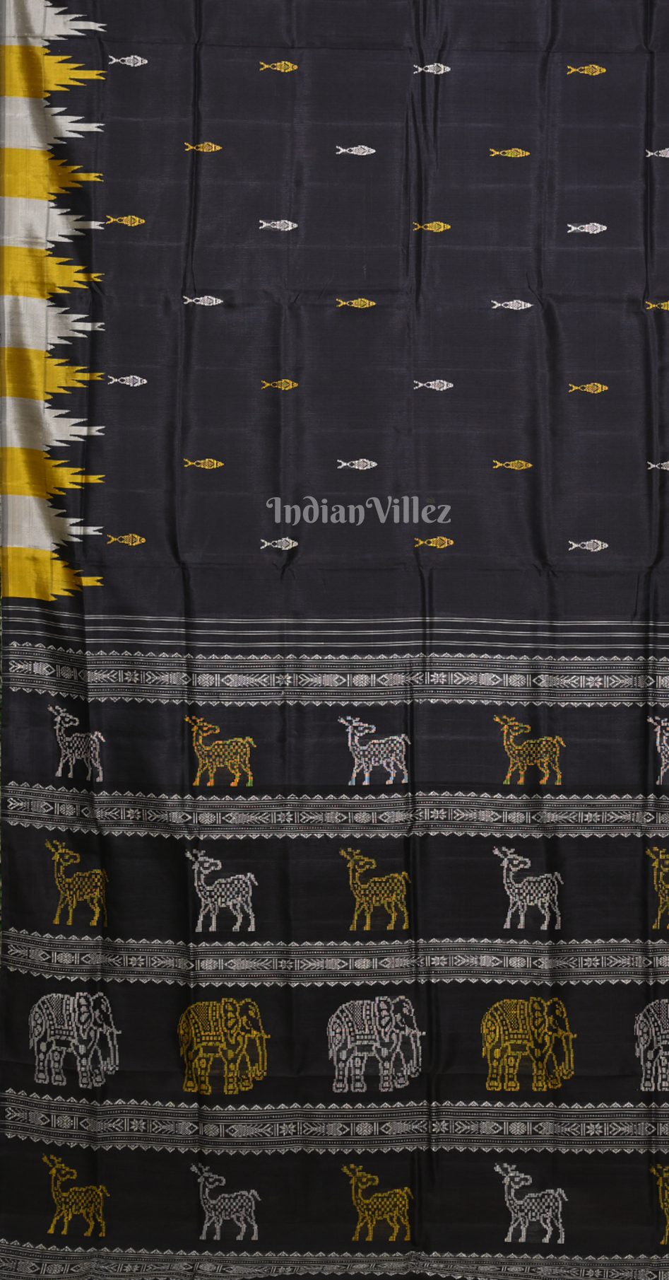 Black Mustard yellow Fish Motif Double Pallu Berhampuri Silk Saree 