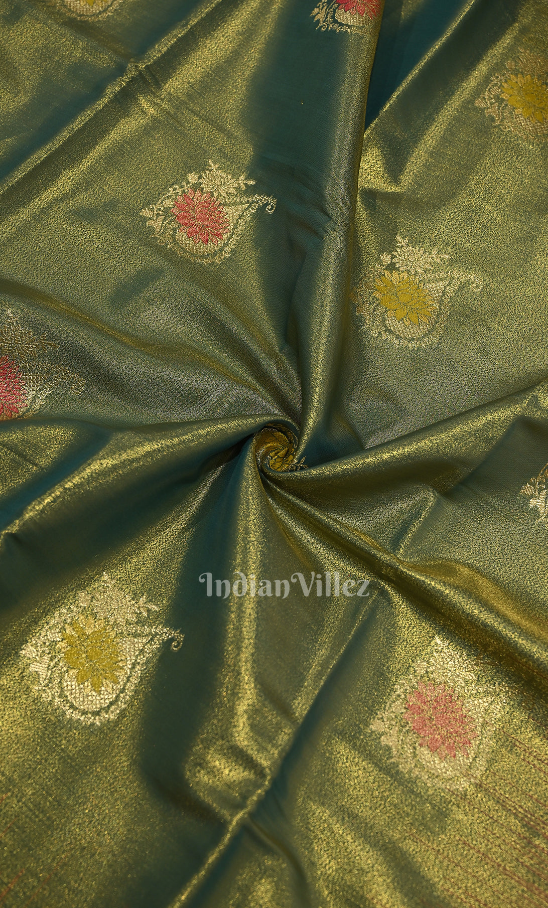 Green Red Dual Tone Brocade Pure Kanjivaram Tissue Silk Saree
