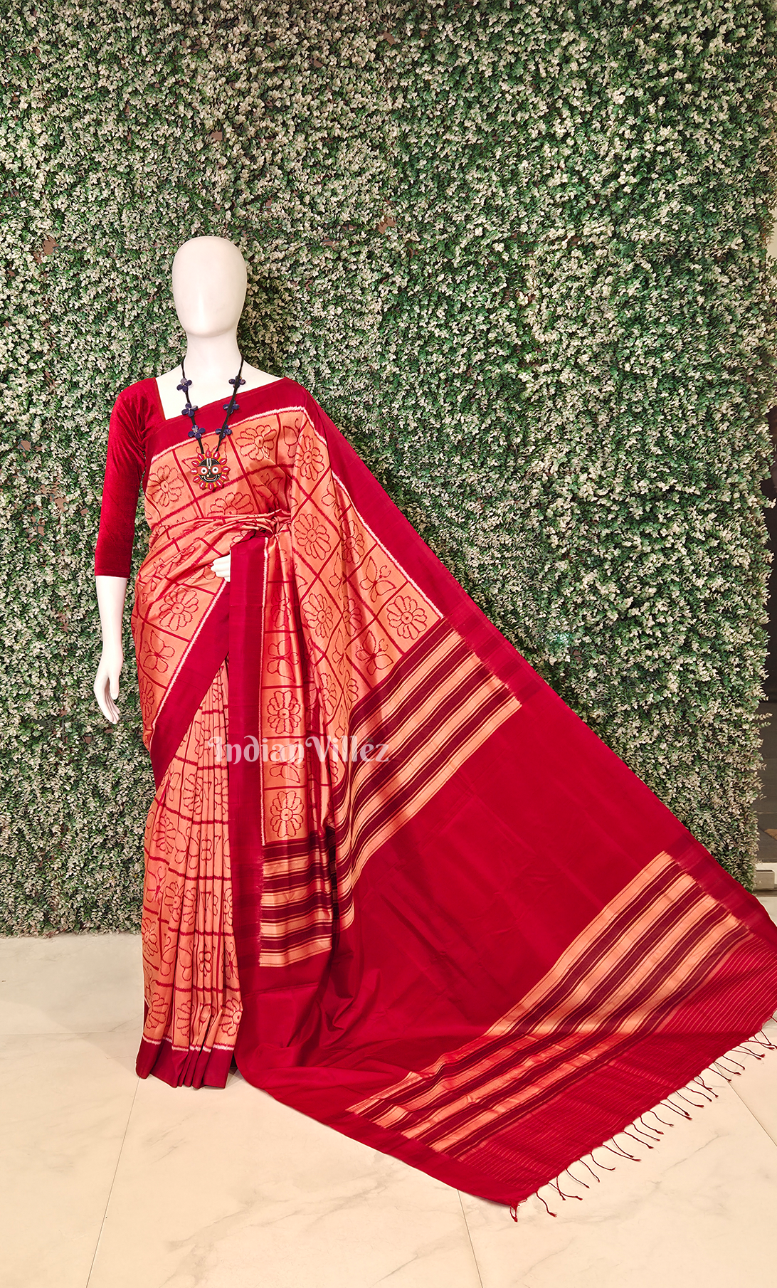 Peach Red Nabakothi Odisha Ikat Contemporary Designer Silk Saree