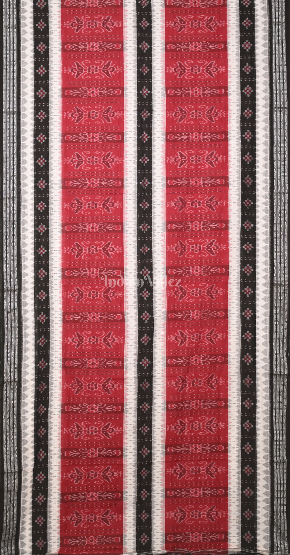 Crimson Red Black Triple Line Pasapali Odisha Ikat Sambalpuri Cotton Saree 
