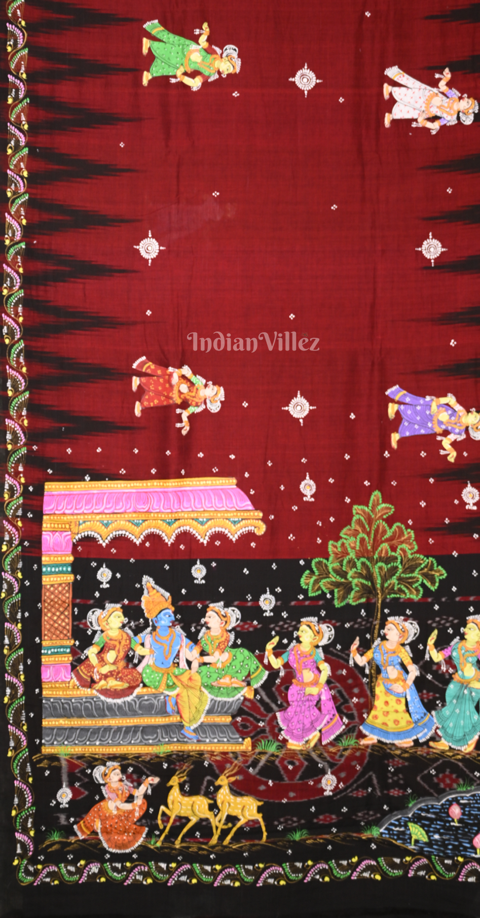 Maroon Black Krishna Raas Leela Hand-Painted Pattachitra Saree 