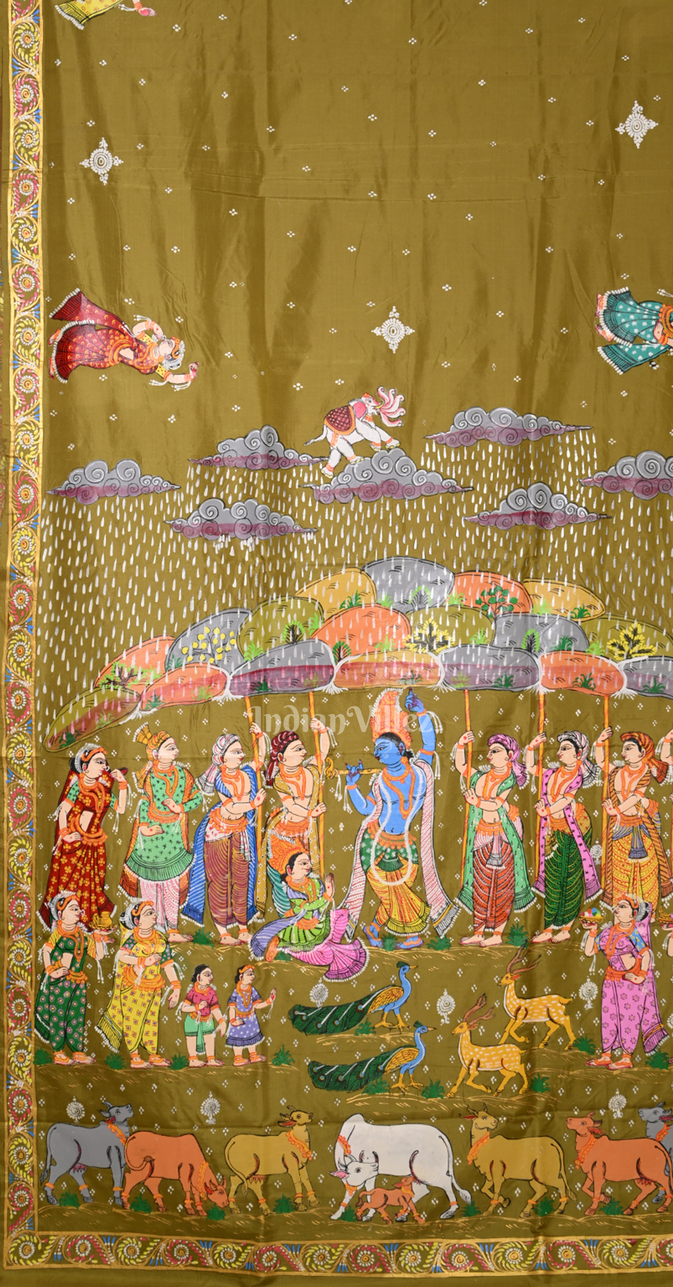 Mehendi Green Dual Tone Giri Govardhan Hand-Painted Pattachitra Saree
