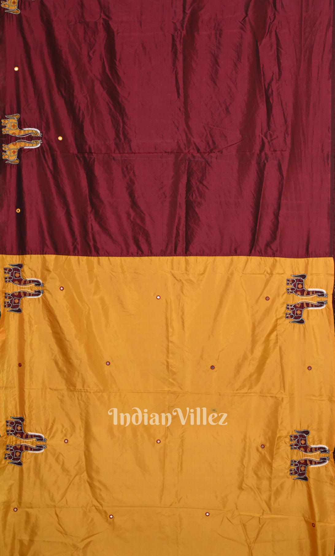 Mustard Yellow Maroon Applique Work Hand Embroidered Saree 