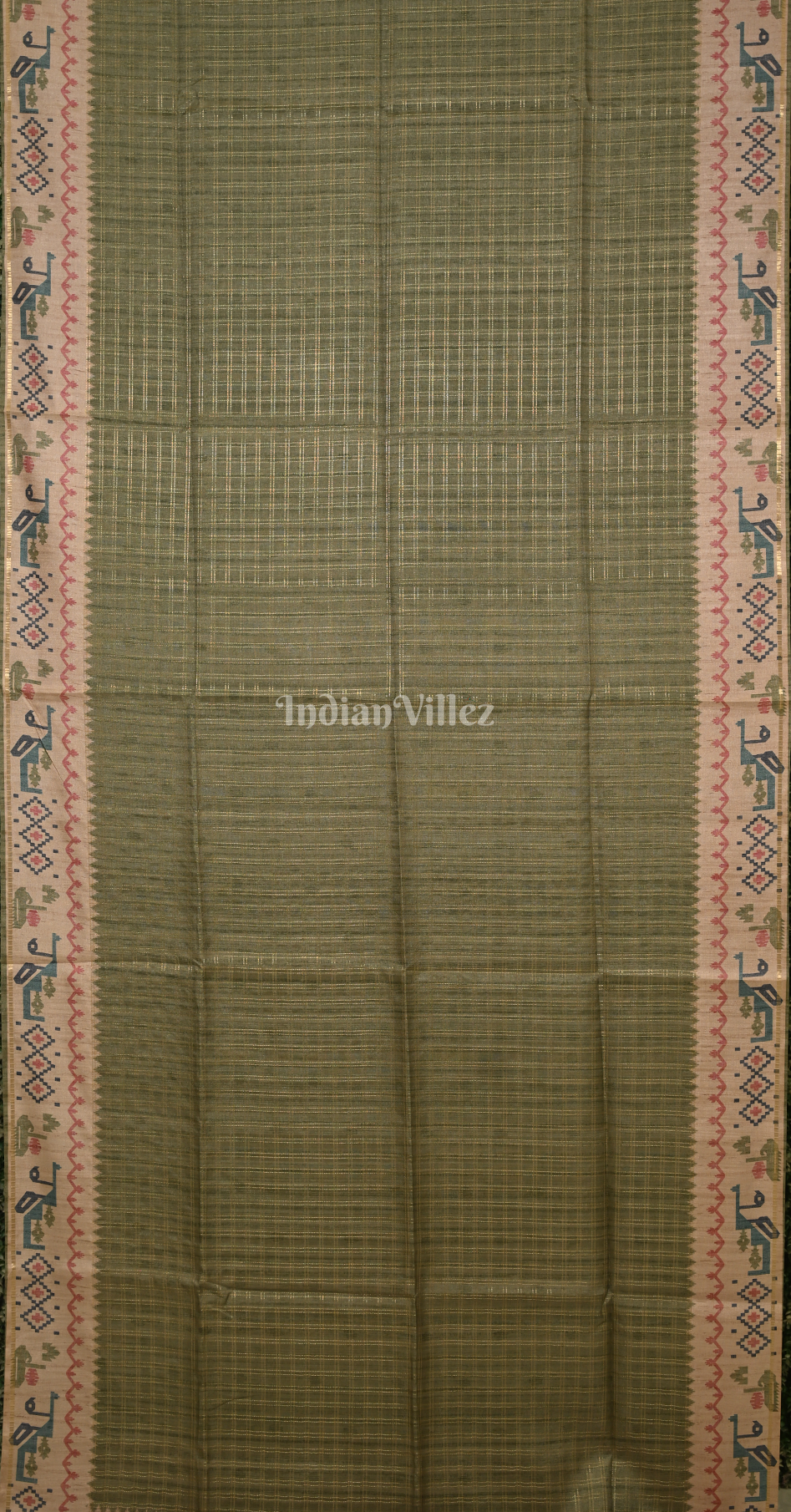 Sage Green Beige Tusasr Silk Saree with Floral Embroidery Work 