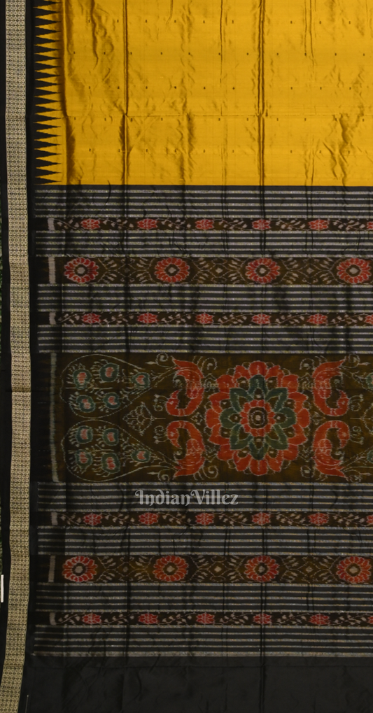 Mustard Yellow Black Buti Design Odisha Ikat Bomkai Silk Saree