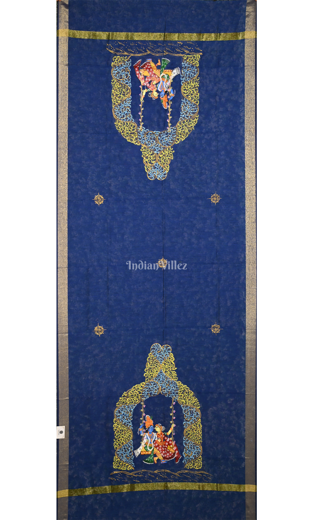 Blue Radha Krishna Doli Theme Hand-Painted Pattachitra Chanderi Dupatta