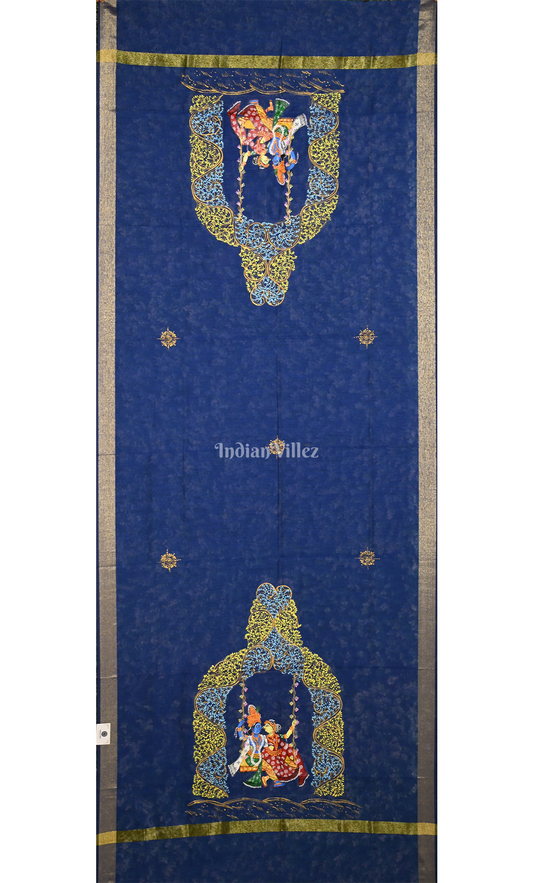 Blue Radha Krishna Doli Theme Hand-Painted Pattachitra Chanderi Dupatta