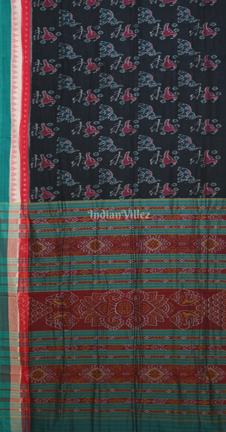 Black Green Bird Motif Odisha Ikat Sambalpuri Cotton Saree 