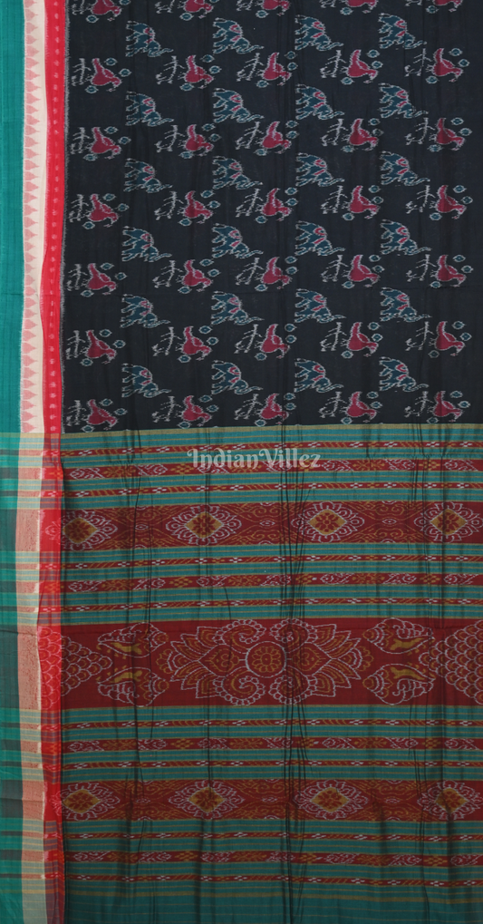 Black Green Bird Motif Odisha Ikat Sambalpuri Cotton Saree 