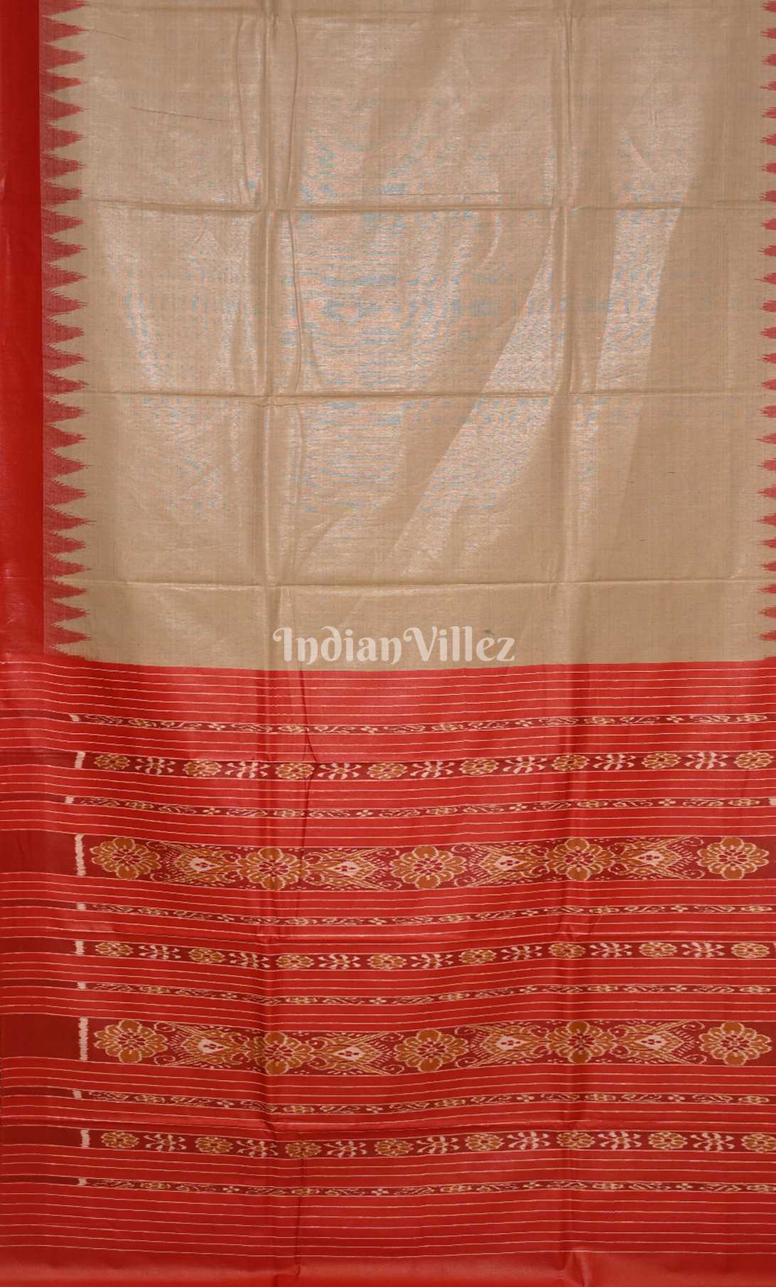 Beige Gopalpur Tussar Silk Saree with Red Temple Border & Anchal 