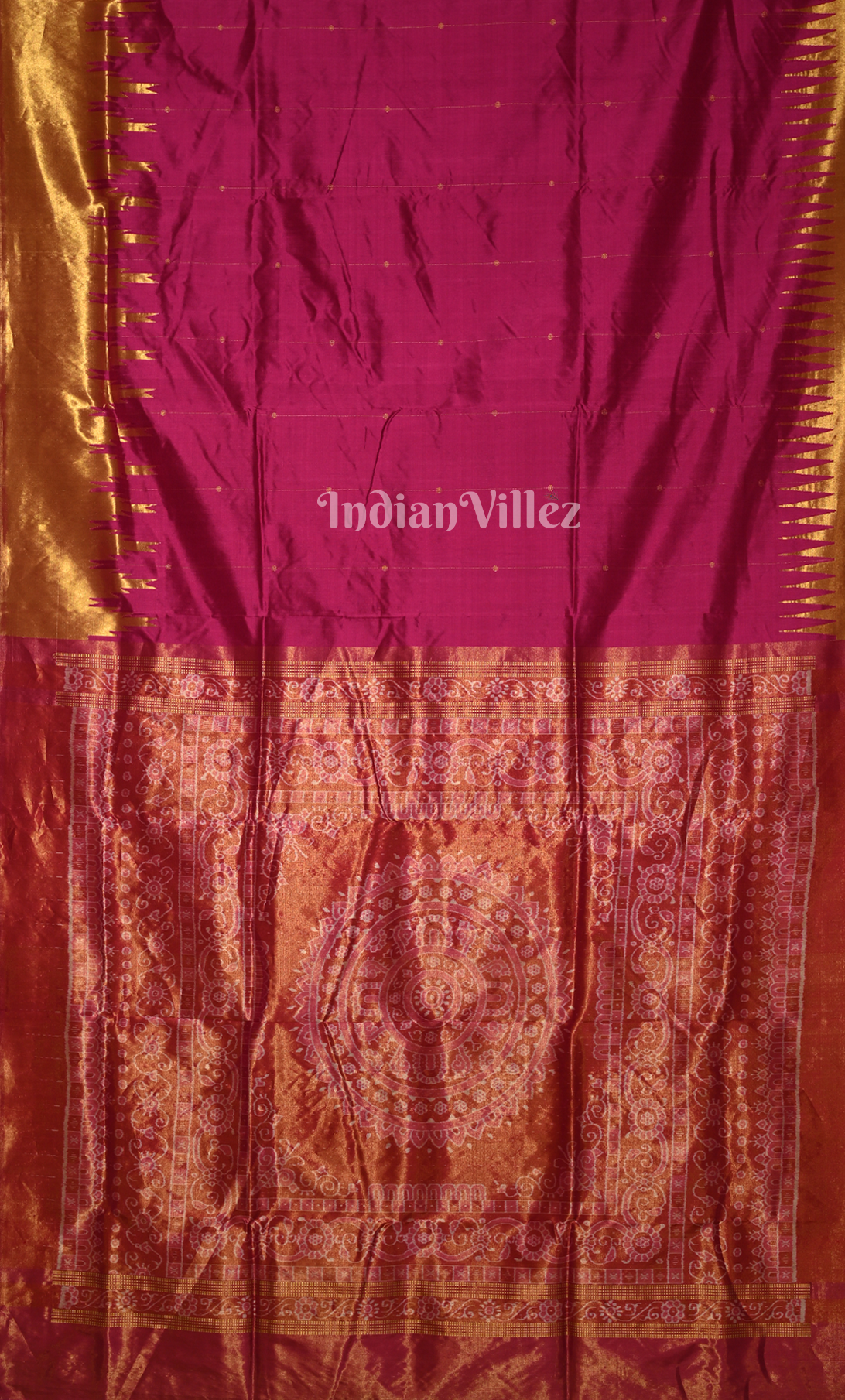 Magenta Pink Golden Phoda Kumbha Half Tissue Sambalpuri Silk Saree 
