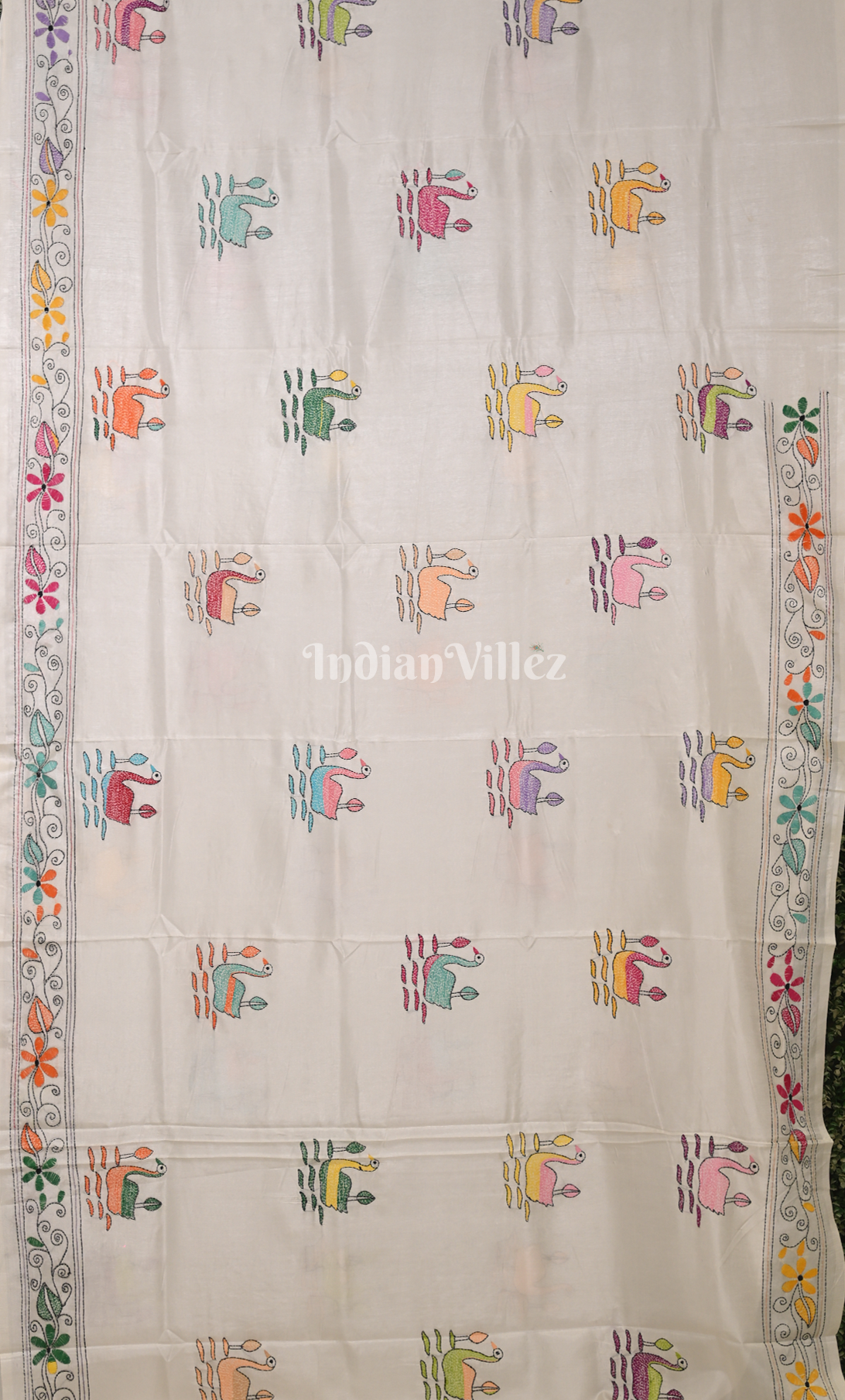 White with MultiColur Handwoven Kantha Stitch Silk Saree