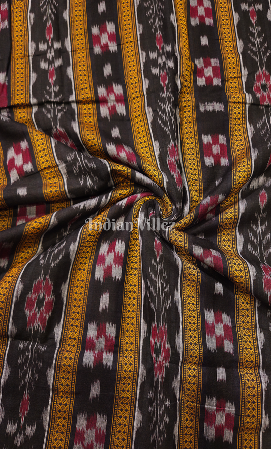 Black Yellow  Pasapali Flower Theme Odisha Ikat Sambalpuri Cotton Fabric 