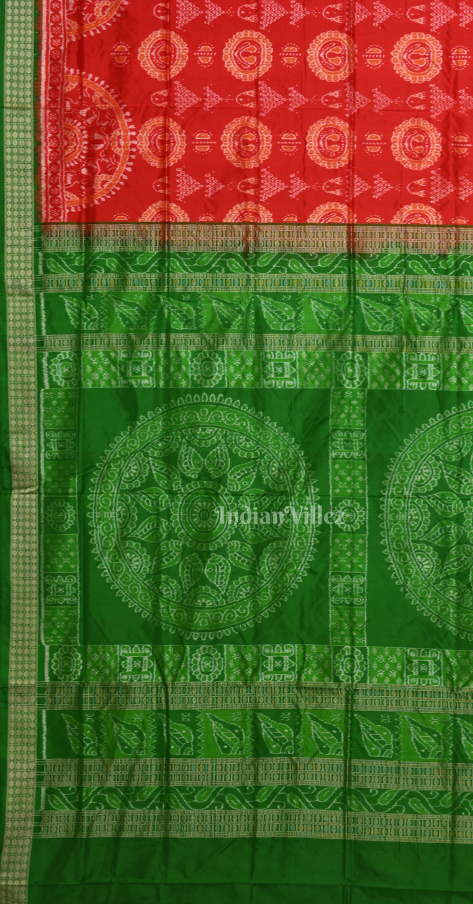Red Green Embellished Laxmi Feet Design Odisha Ikat Sambalpuri Silk Saree