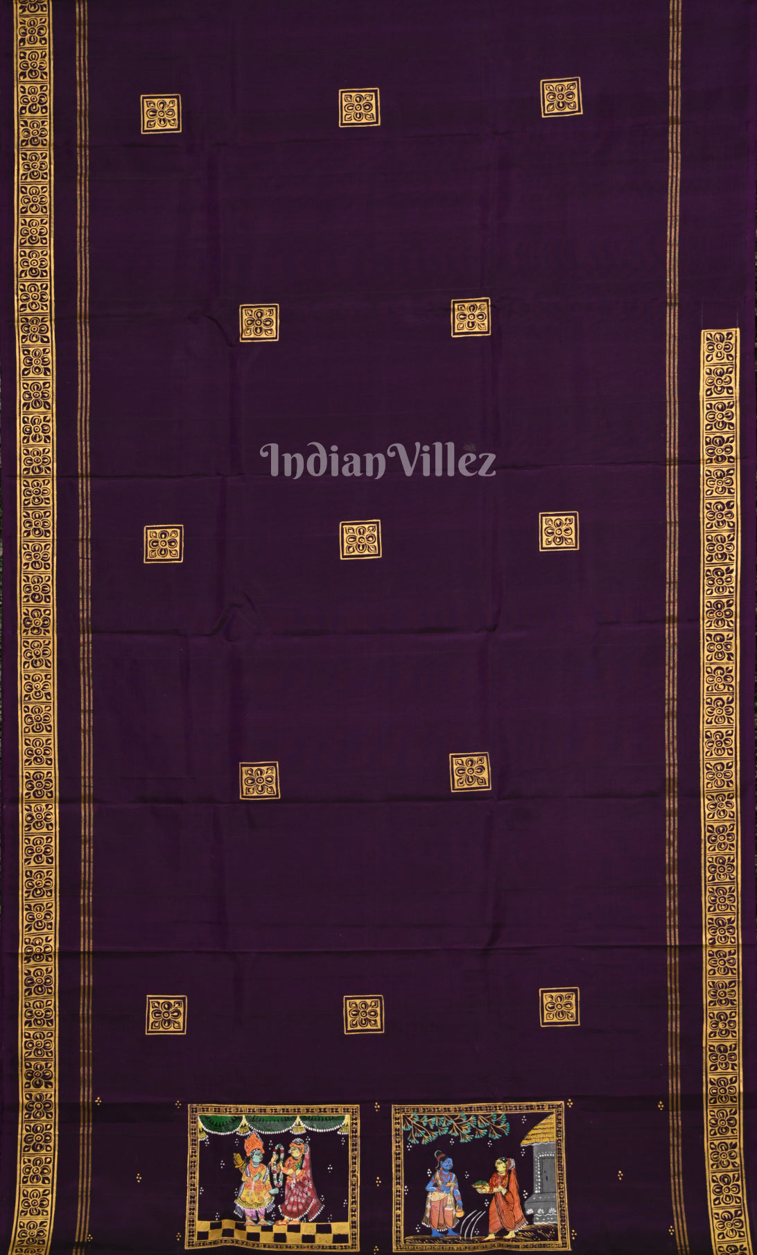 Purple Green  Ramayan Theme  Hand-Painted Pattachitra Saree 