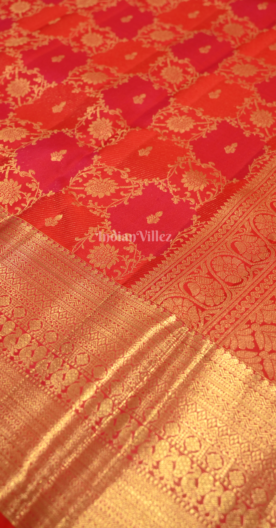 Red Golden Floral Motif Brocade Pure Kanjivaram Silk Saree 

