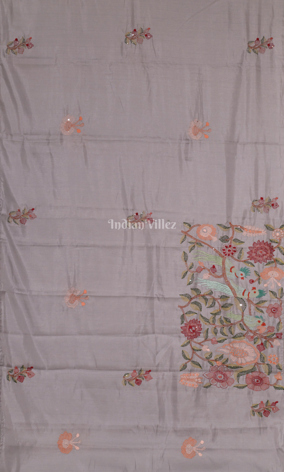White Tusasr Silk Saree with Floral Hand Embroidery 