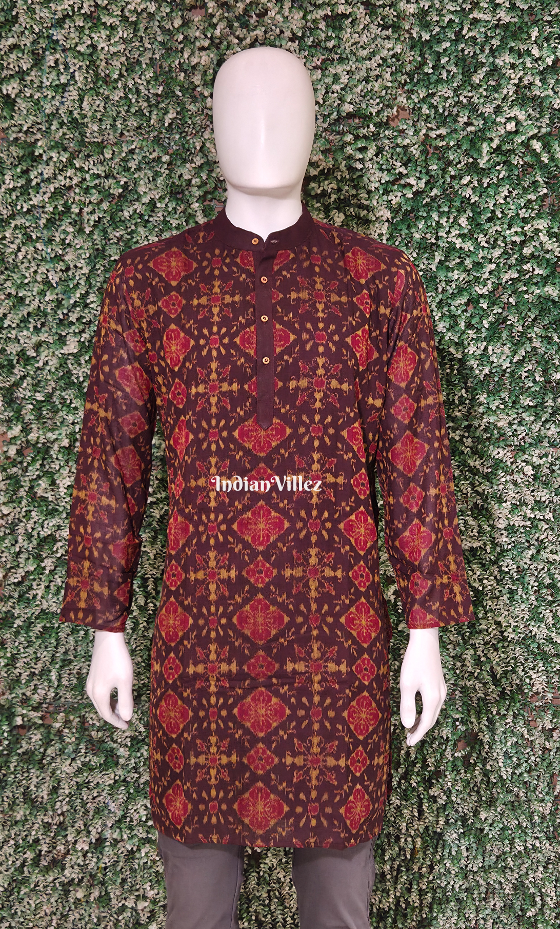 Coffee Red Tribal Theme Odisha Ikat Cotton Kurta for Men