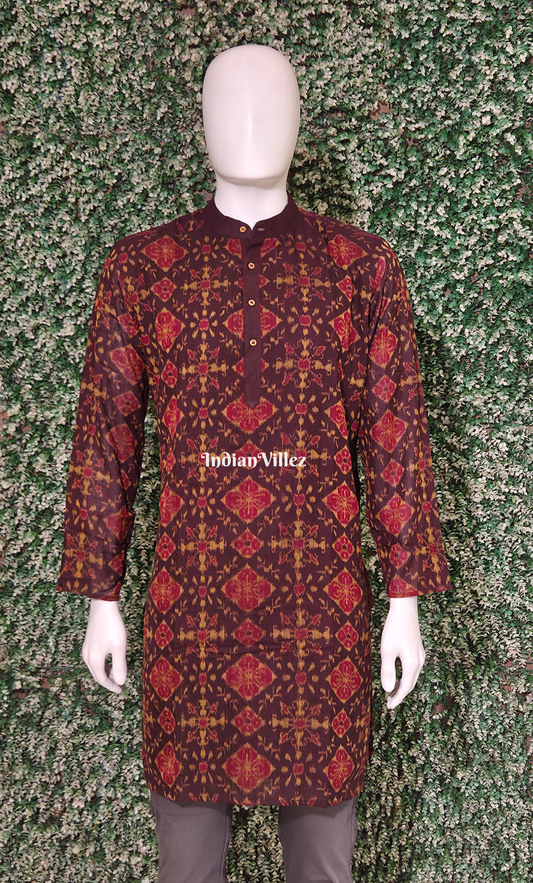 Coffee Red Tribal Theme Odisha Ikat Cotton Kurta for Men