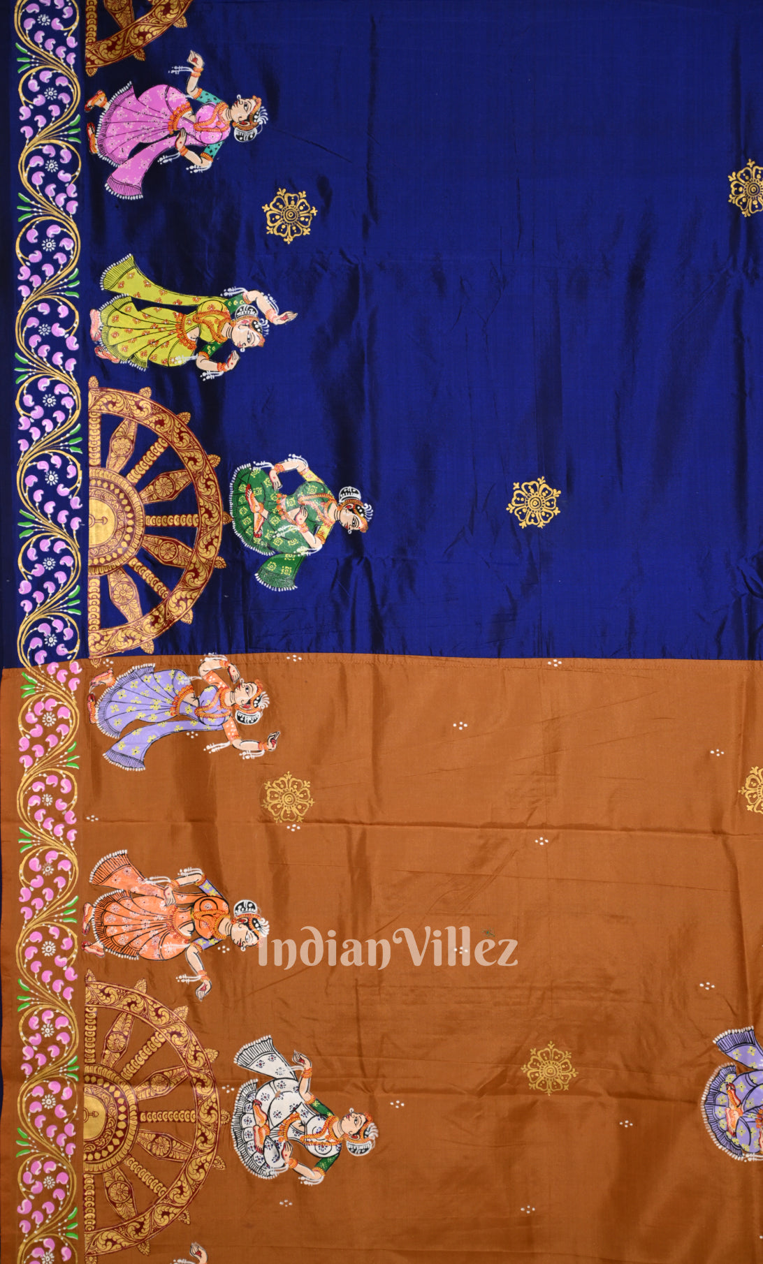 Rust Orange Blue Nartaki Konark Temple Hand-Painted Pattachitra Saree