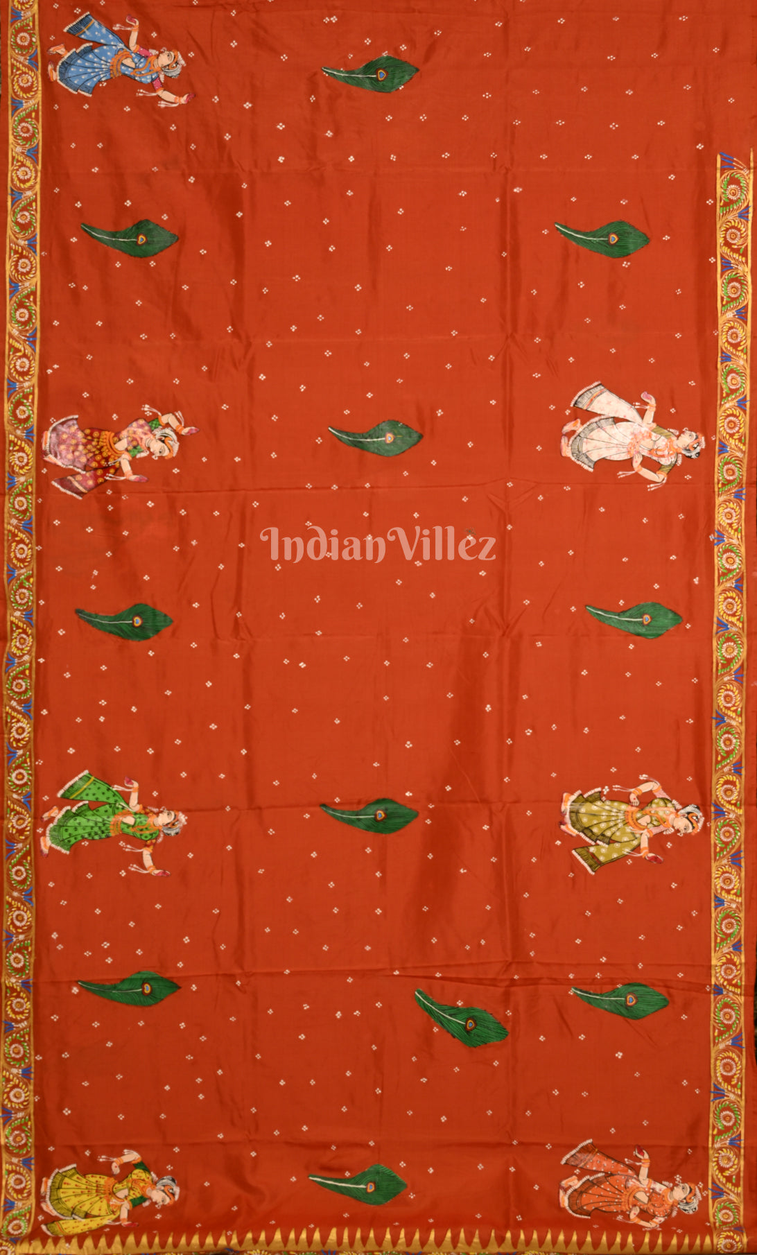 Orange Radha Krishna Raas Leela Hand-Painted Pattachitra Saree