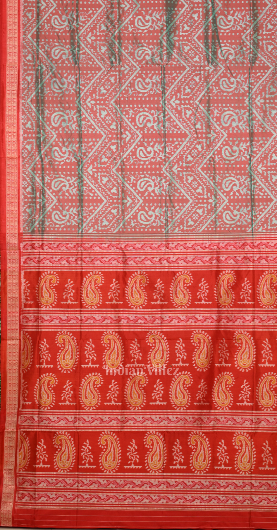 Turquoise Red Parsley Design  Odisha Ikat Sambalpuri Silk Saree