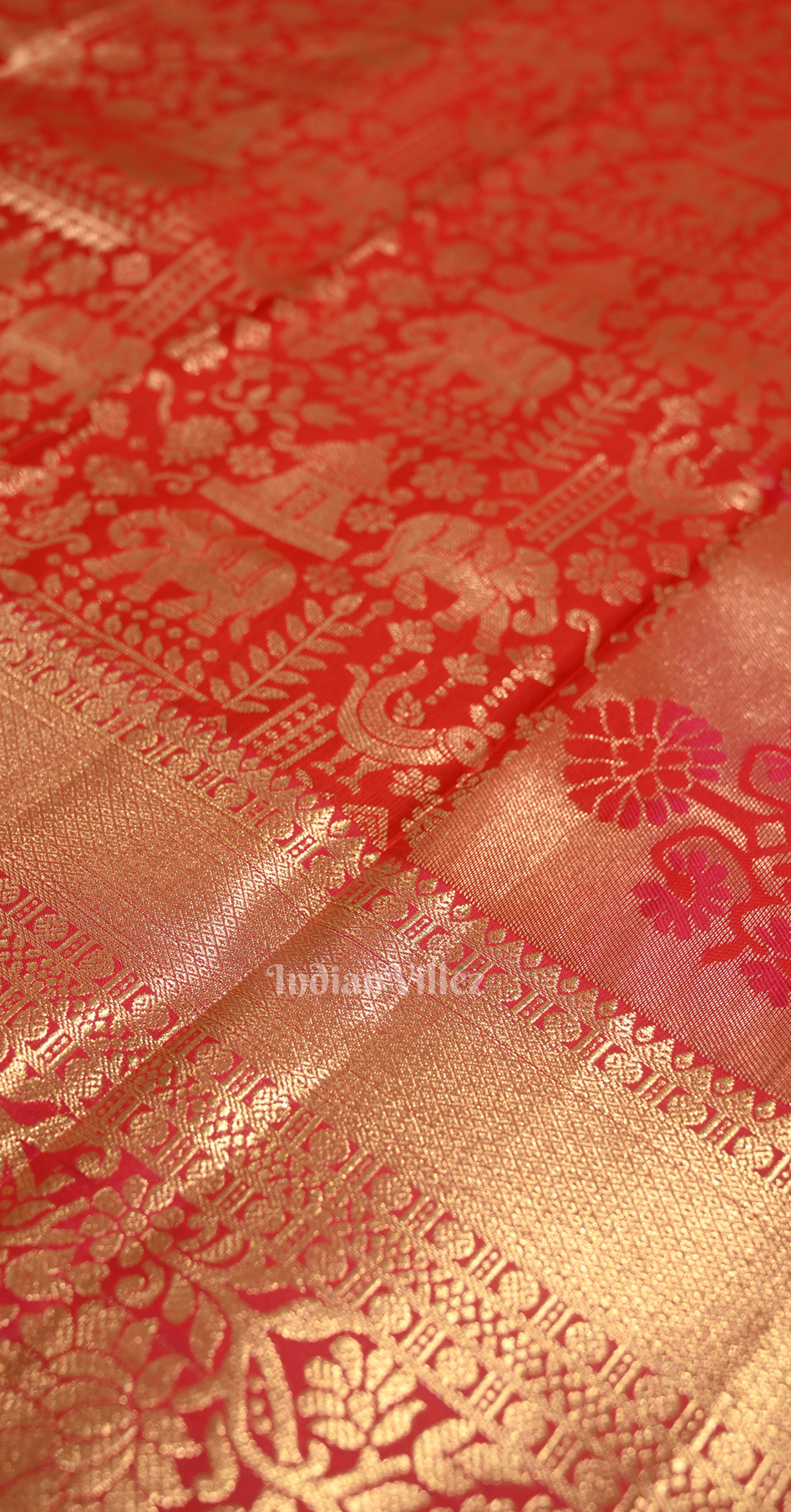 Exclusive Red  Elephant & Temple Motif Floral Pure Brocade Kanjivaram Silk Saree 